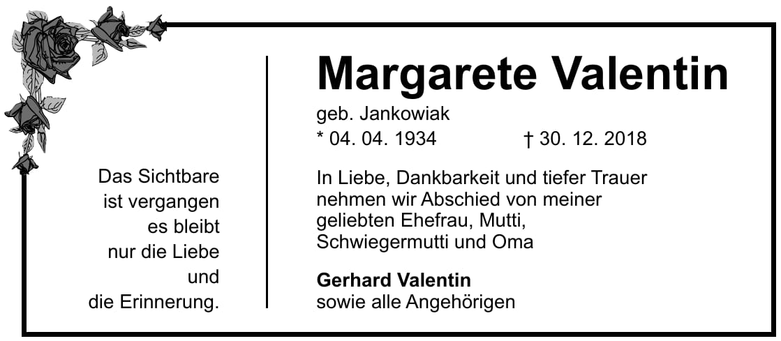 Traueranzeige Margarete Valentin, geb. Jankowiak