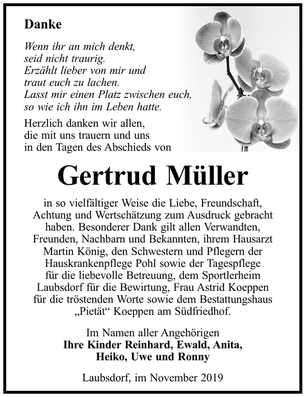Danksagung Gertrud Müller