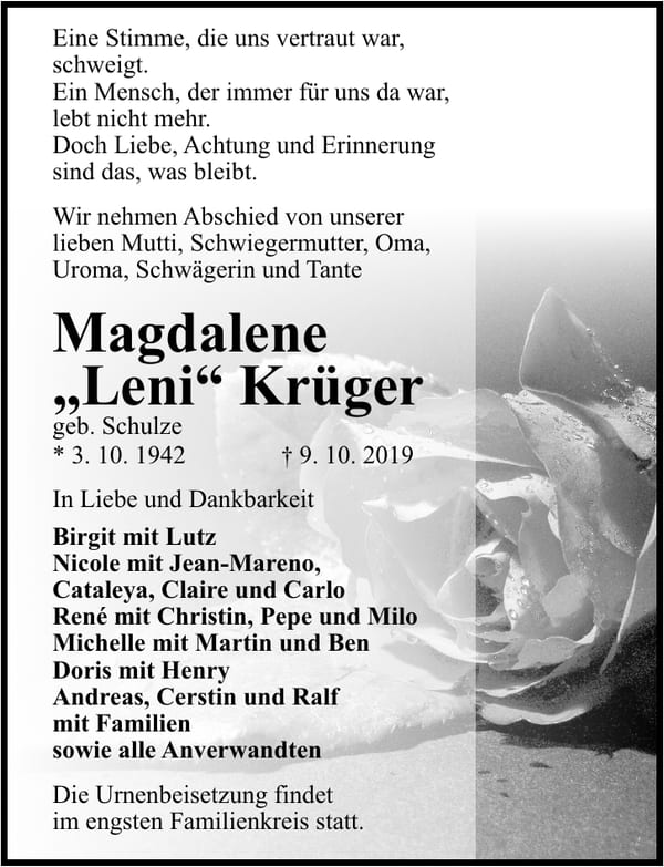 Traueranzeige Magdalene „Leni“ Krüger, geb. Schulze