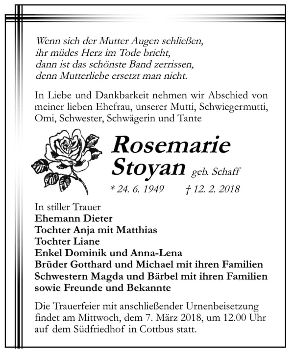 Traueranzeige Rosemarie Stoyan, geb. Schaff