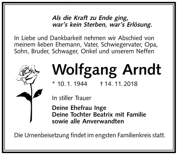 Traueranzeige Wolfgang Arndt