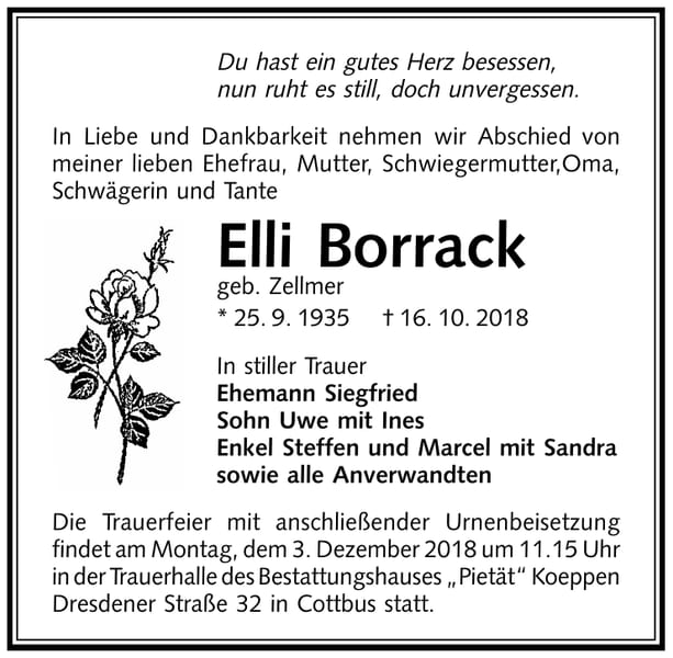 Traueranzeige Elli Borrack, geb. Zellmer