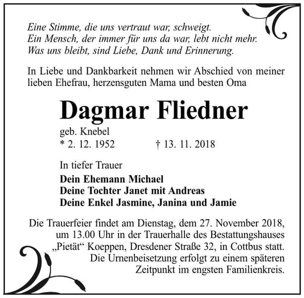 Traueranzeige Dagmar Fliedner, geb. Knebel