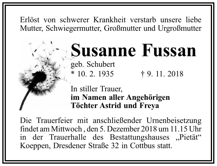 Traueranzeige Susanne Fussan, geb. Schubert