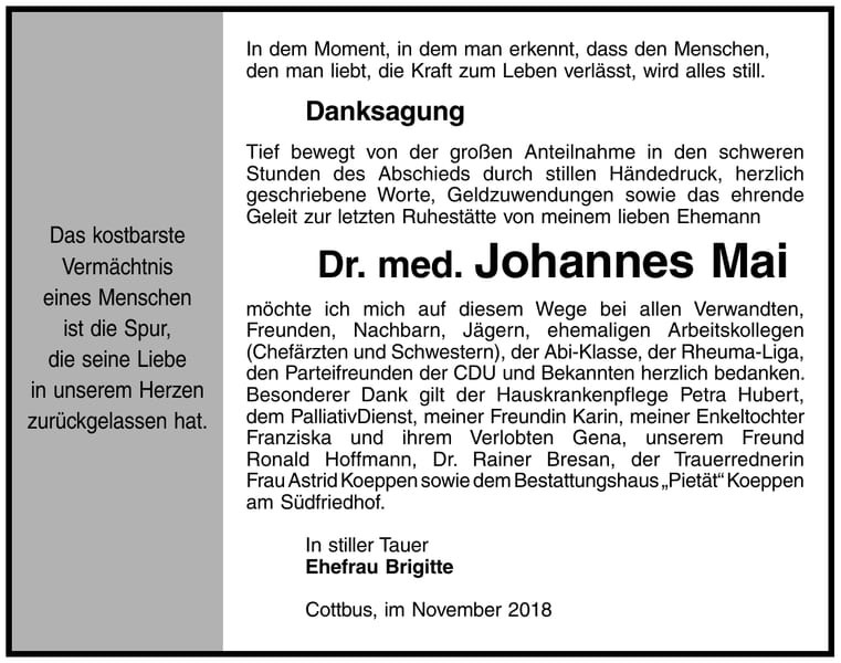 Danksagung Johannes Mai