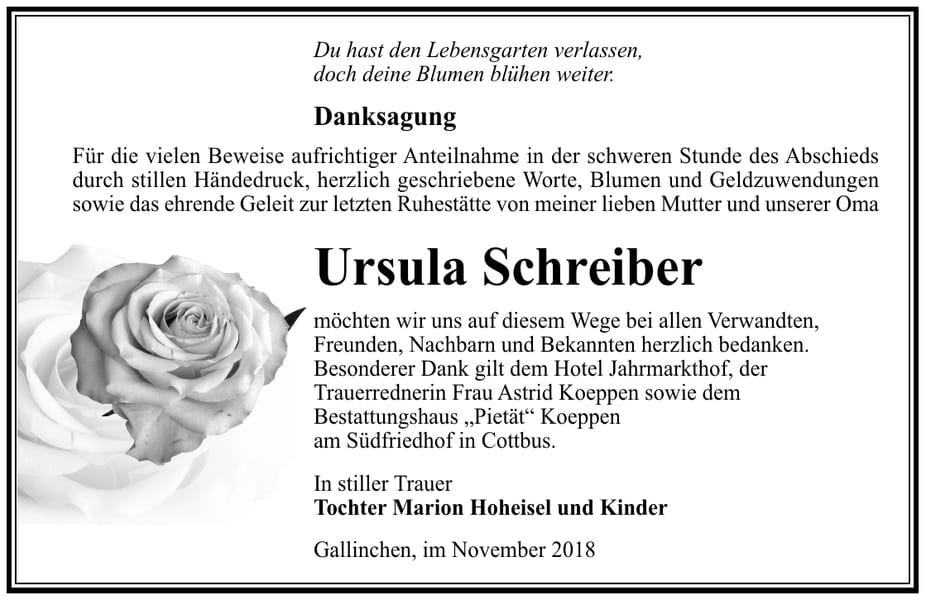 Danksagung Ursula Schreiber