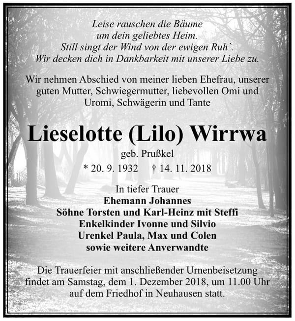 Traueranzeige Lieselotte (Lilo) Wirrwa, geb. Prußkel