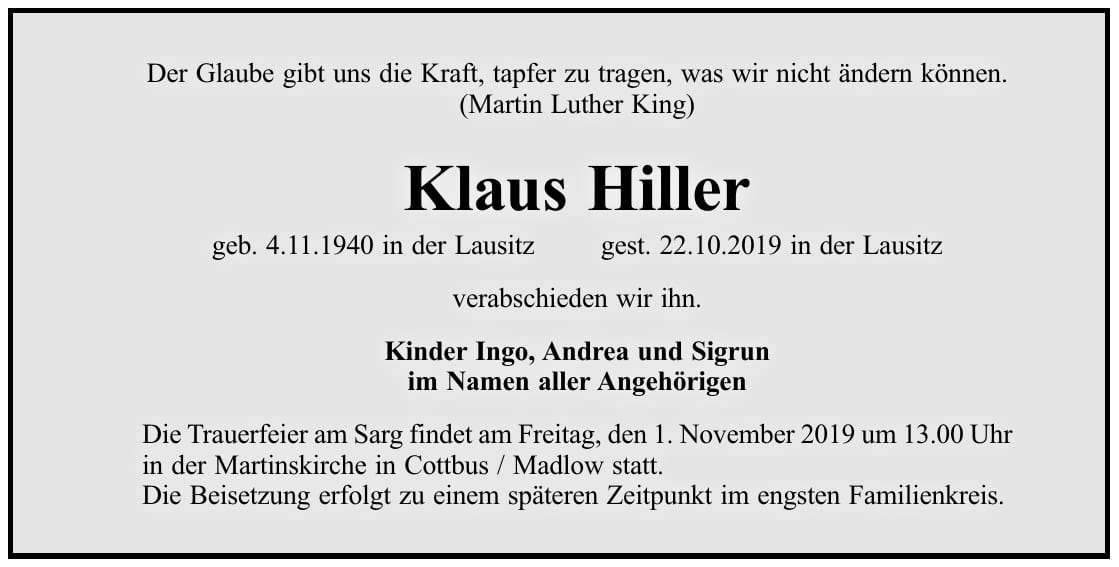 Traueranzeige Klaus Hiller