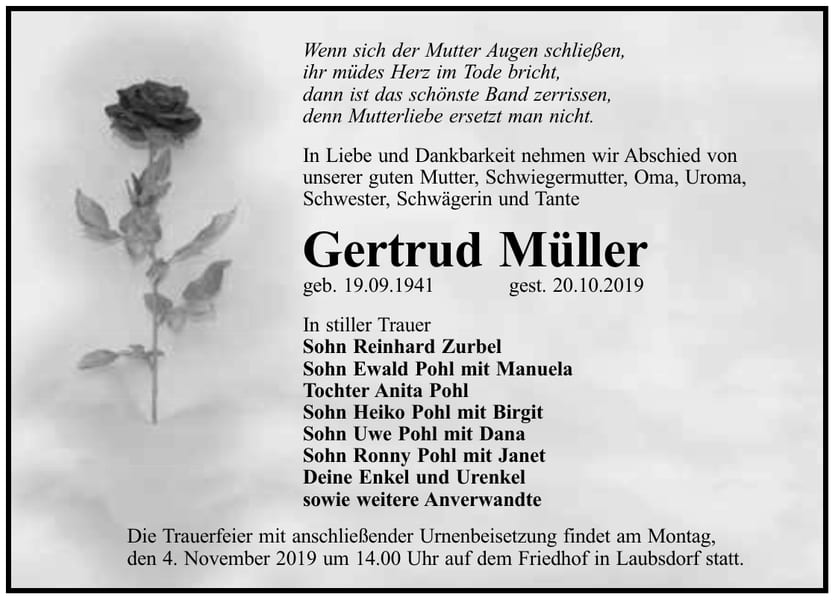 Traueranzeige Gertrud Müller