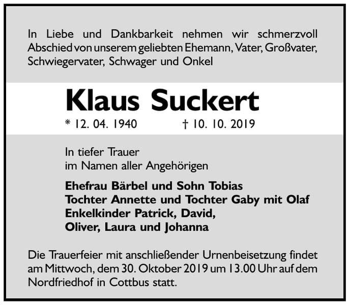Traueranzeige Klaus Suckert