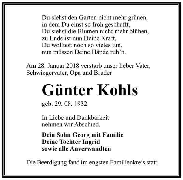 Traueranzeige Günter Kohls