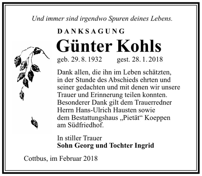 Danksagung Günter Kohls