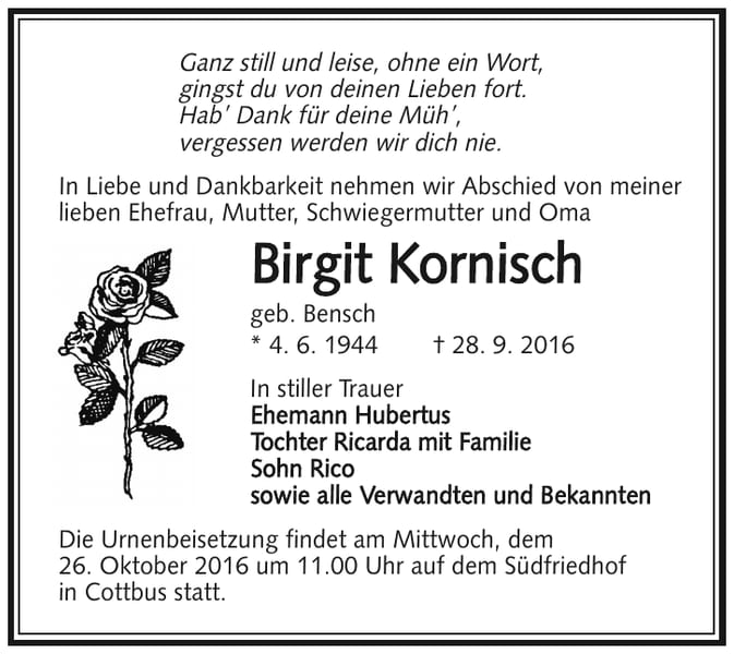Traueranzeige Birgit Kornisch, geb. Bensch
