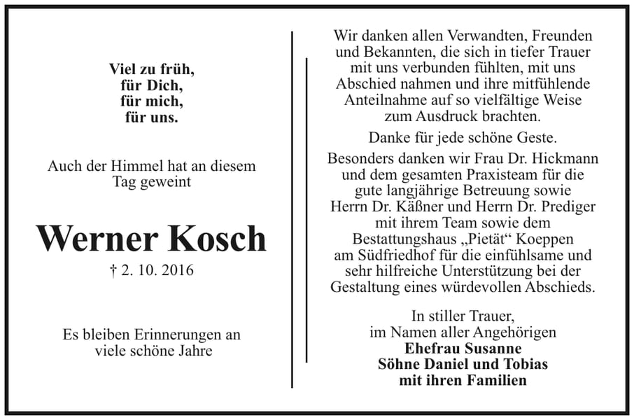 Danksagung Werner Kosch