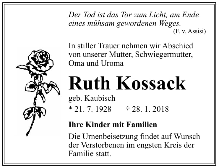 Traueranzeige Ruth Kossack, geb. Kaubisch