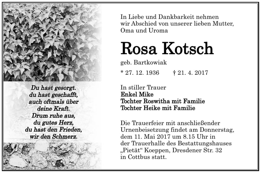 Traueranzeige Rosa Kotsch, geb. Bartkowiak