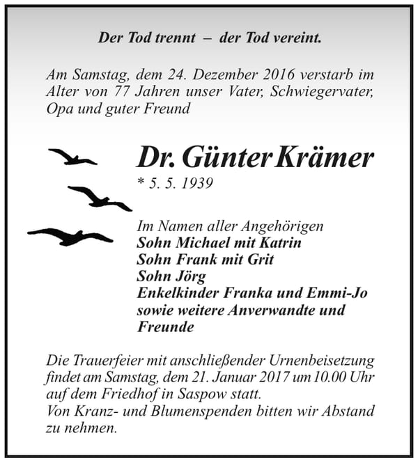 Traueranzeige Dr. Günter Krämer