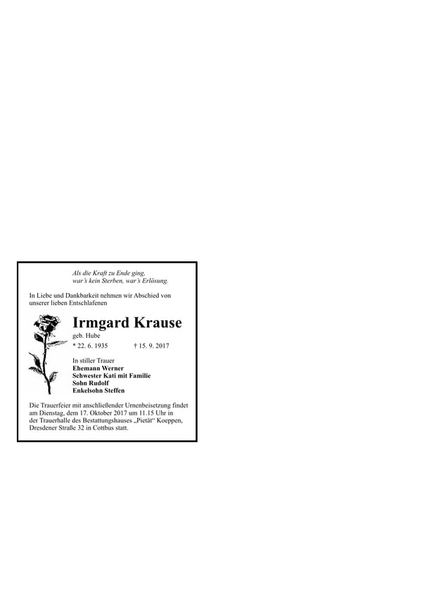 Traueranzeige Irmgard Krause, geb. Hube