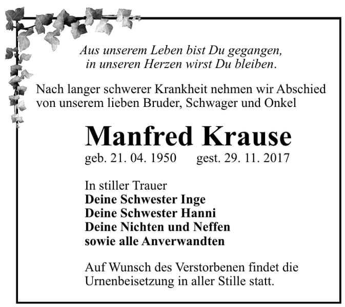 Traueranzeige Manfred Krause