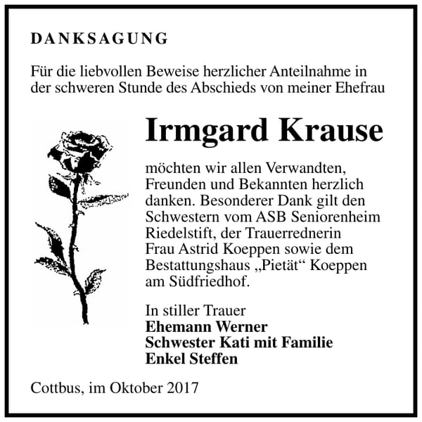 Danksagung Irmgard Krause