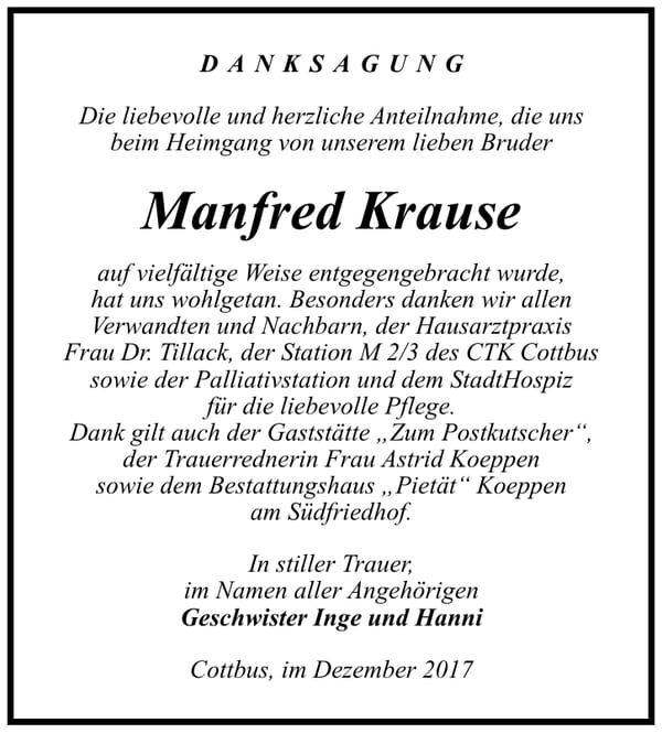 Danksagung Manfred Krause