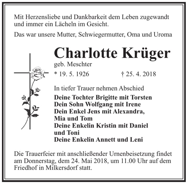 Traueranzeige Charlotte Krüger, geb. Meschter
