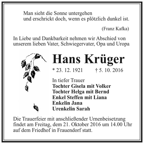 Traueranzeige Hans Krüger