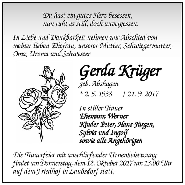Traueranzeige Gerda Krüger, geb. Abshagen