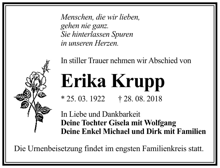 Traueranzeige Erika Krupp