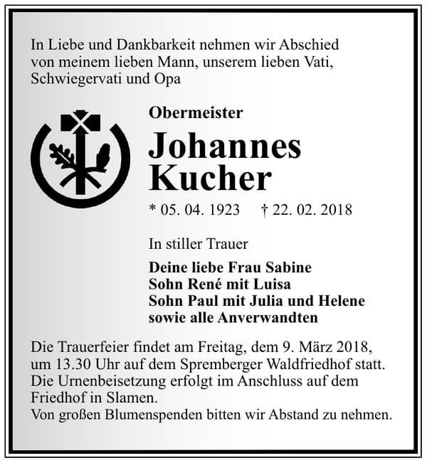 Traueranzeige Johannes Kucher