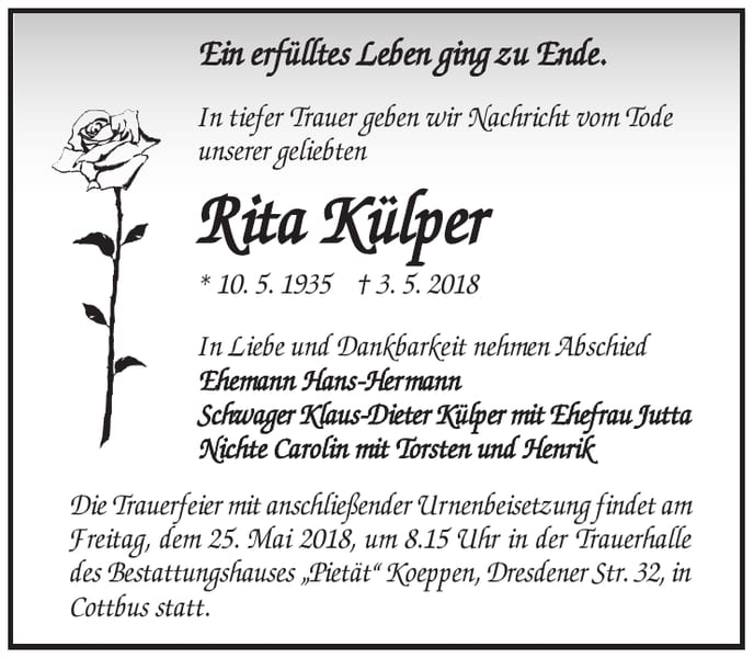 Traueranzeige Rita Külper