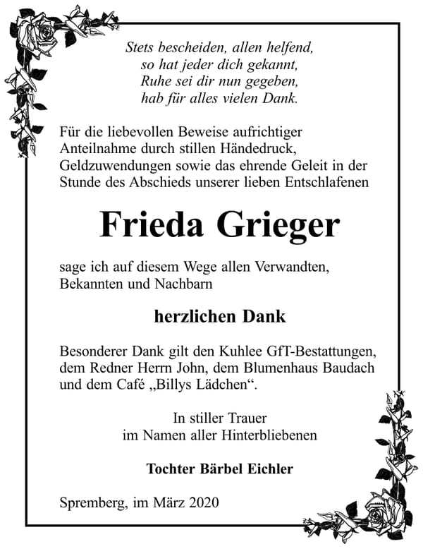 Traueranzeige Frieda Grieger