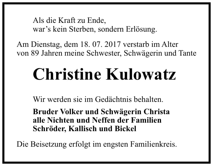 Traueranzeige Christine Kulowatz