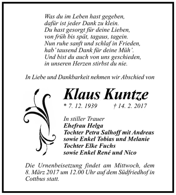 Traueranzeige Klaus Kuntze