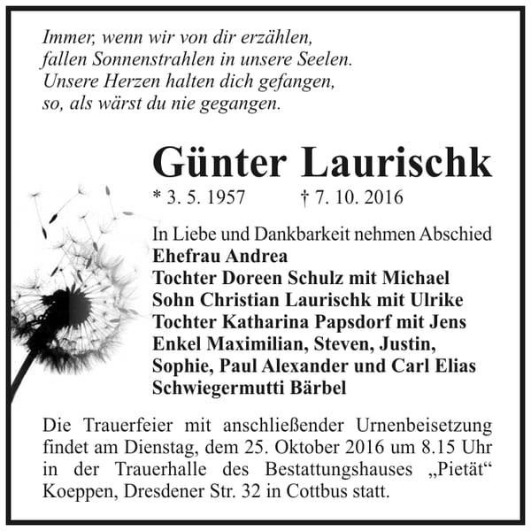 Traueranzeige Günter Laurischk