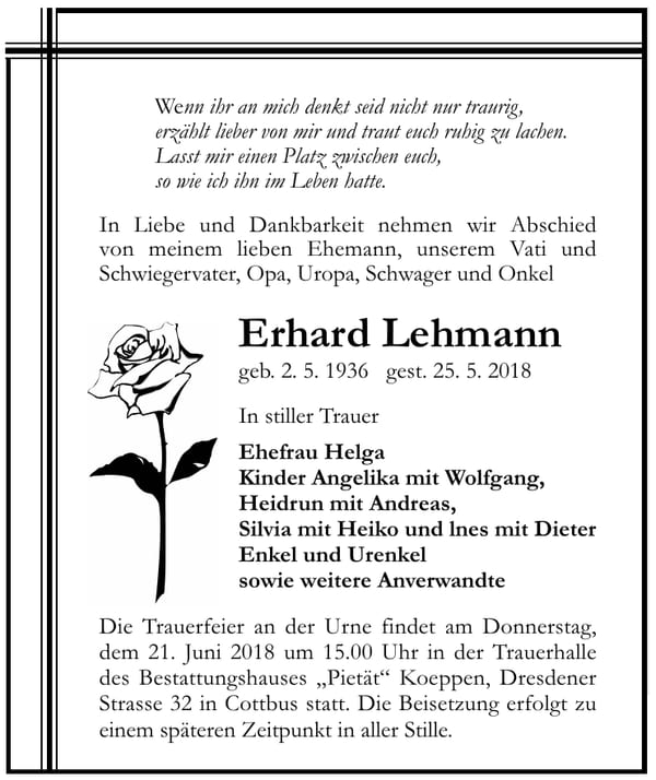 Traueranzeige Erhard Lehmann
