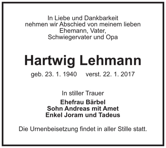 Traueranzeige Hartwig Lehmann