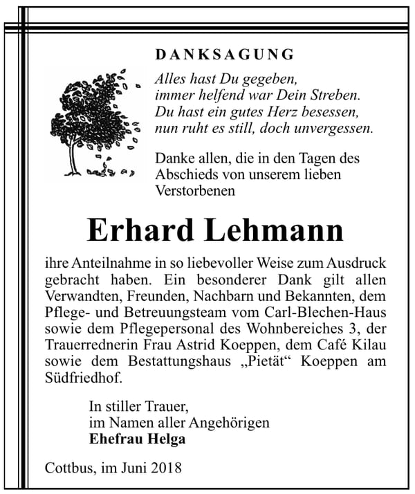 Danksagung Erhard Lehmann