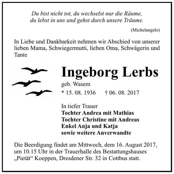 Traueranzeige Ingeborg Lerbs, geb. Wasem