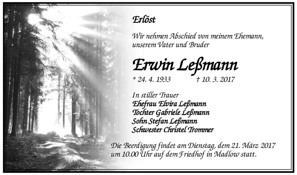 Traueranzeige Erwin Leßmann