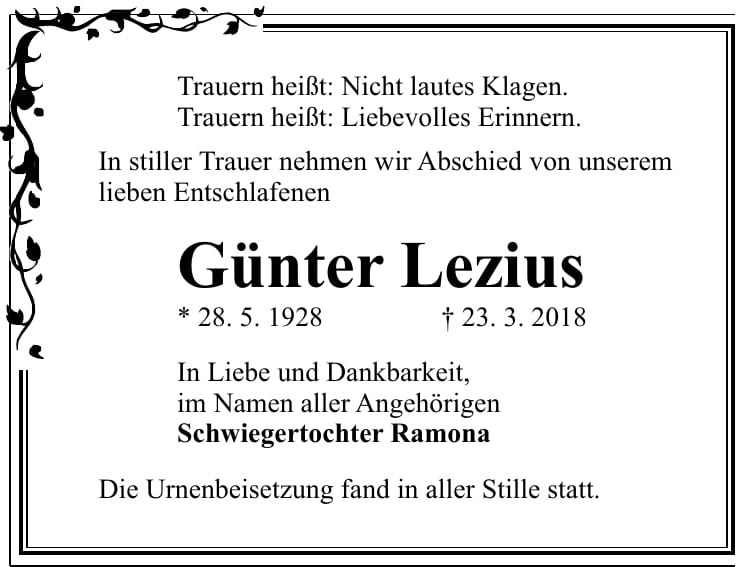 Traueranzeige Günter Lezius
