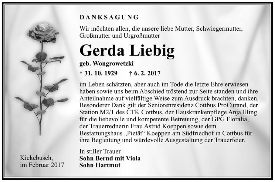 Danksagung Gerda Liebig, geb. Wongrowetzki