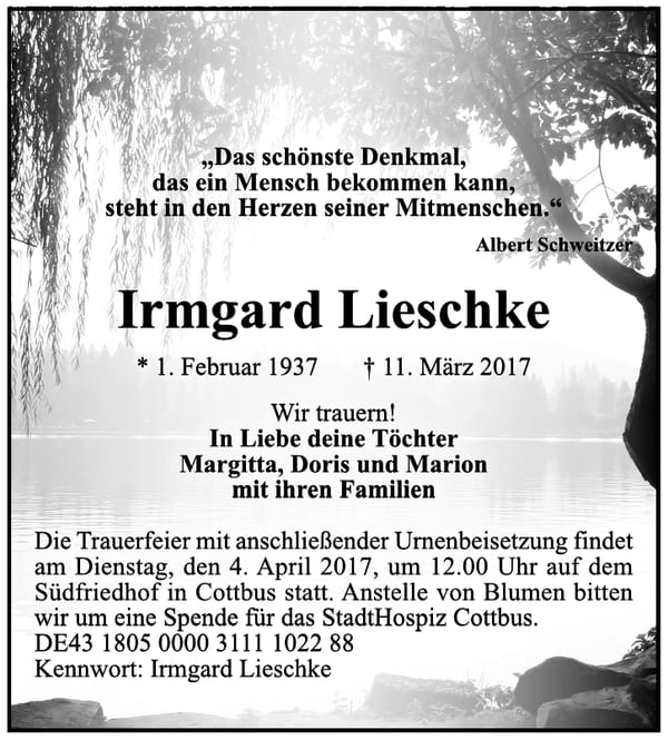 Traueranzeige Irmgard Lieschke
