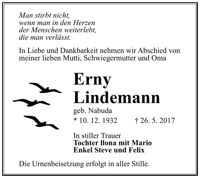 Traueranzeige Erny Lindemann, geb. Nabuda