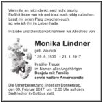 Traueranzeige Monika Lindner, geb. Zaunick
