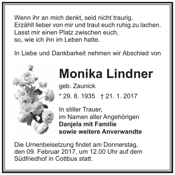 Traueranzeige Monika Lindner, geb. Zaunick