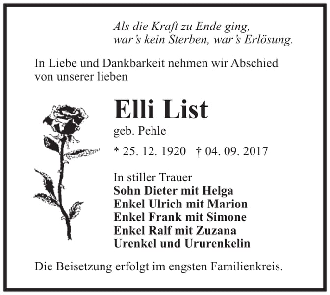 Traueranzeige Elli List, geb. Pehle