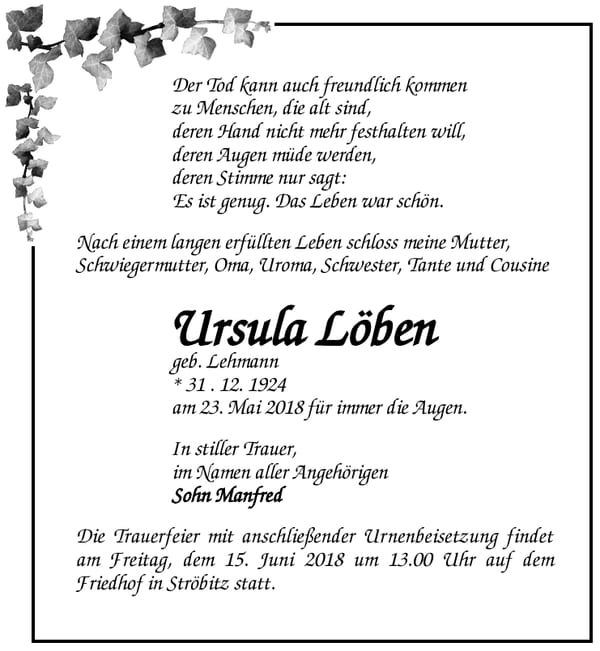 Traueranzeige Ursula Löben geb. Lehmann