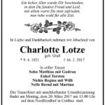 Traueranzeige Charlotte Lotze, geb. Glaß