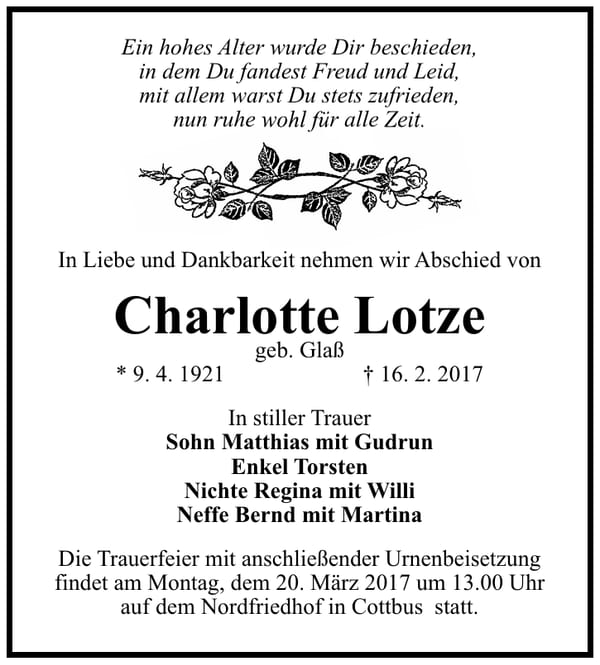 Traueranzeige Charlotte Lotze, geb. Glaß